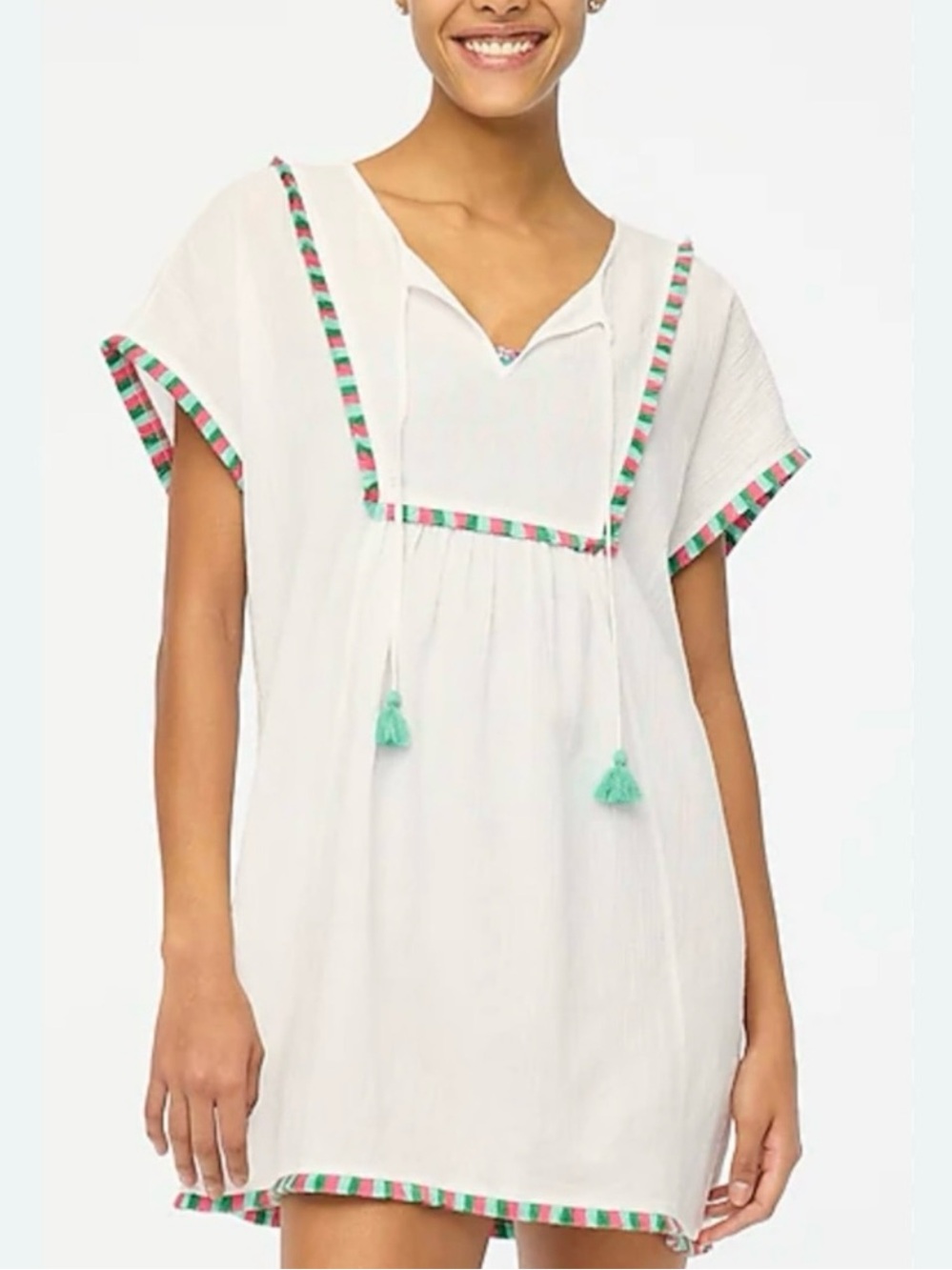 J. Crew White Beach Tunic with Pink and Teal fringe.Size M